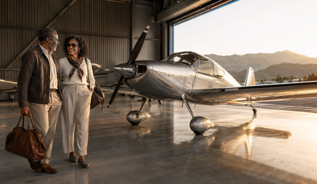Mature Black couple preparing to travel in a classic private aircraft
